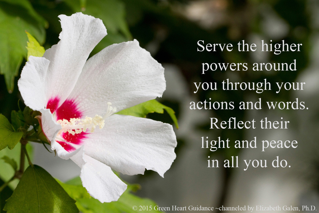 Serve the higher powers around you through your actions and words. Reflect their light and peace in all you do. ~channeled by Elizabeth Galen, Ph.D.